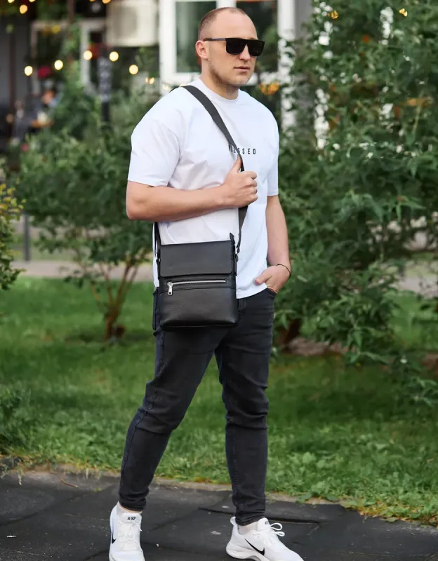 Чоловіча барсетка 23х26х6, месенджер через плече шкіряний Tiding Bag 80471 чорний