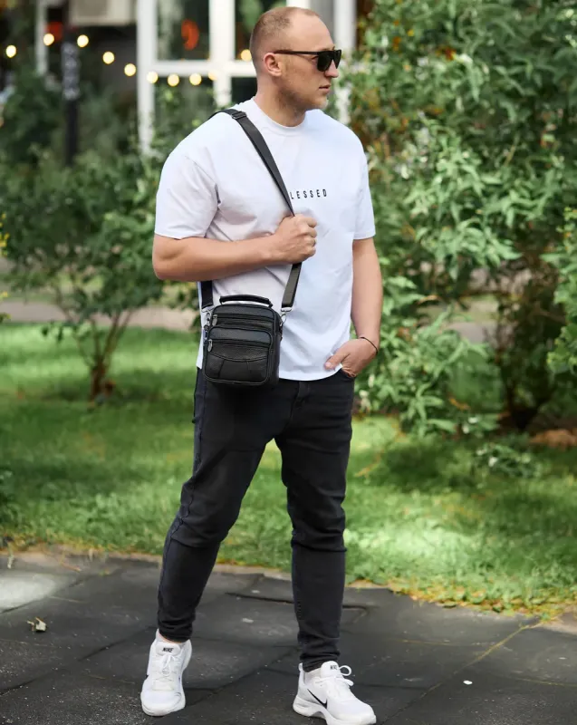 Чоловіча сумка-барсетка шкіряна 17x21x9, сумочка планшет для гаджетів Tiding Bag 32051 чорна