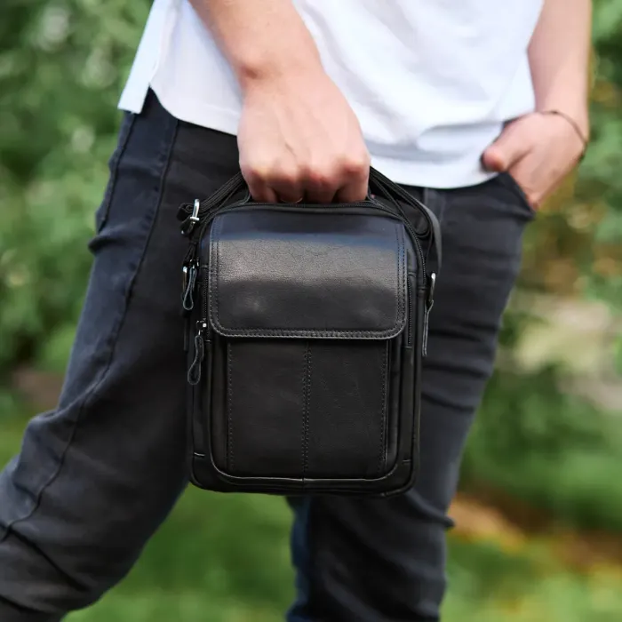Сумка-барсетка чоловіча через плече 19х24х8, месенджер шкіряний гладкий Tiding Bag TD-55467 чорний колір