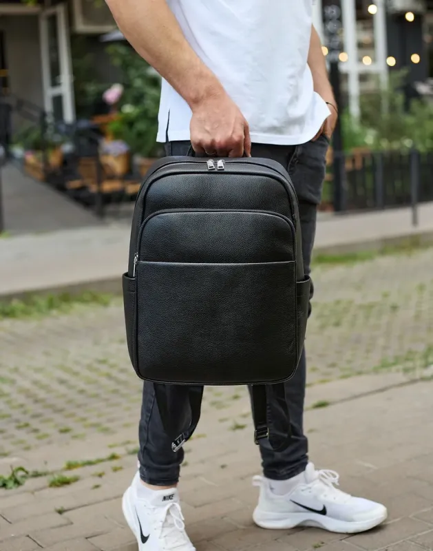 Універсальний чоловічий рюкзак із шкіри 41х31х16, зручний наплічник для ноутбука та документів, чорний
