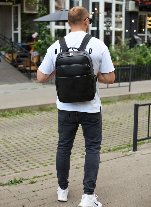 Універсальний чоловічий рюкзак із шкіри 41х31х16, зручний наплічник для ноутбука та документів, чорний