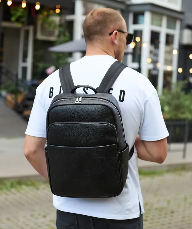 Універсальний чоловічий рюкзак із шкіри 41х31х16, зручний наплічник для ноутбука та документів, чорний