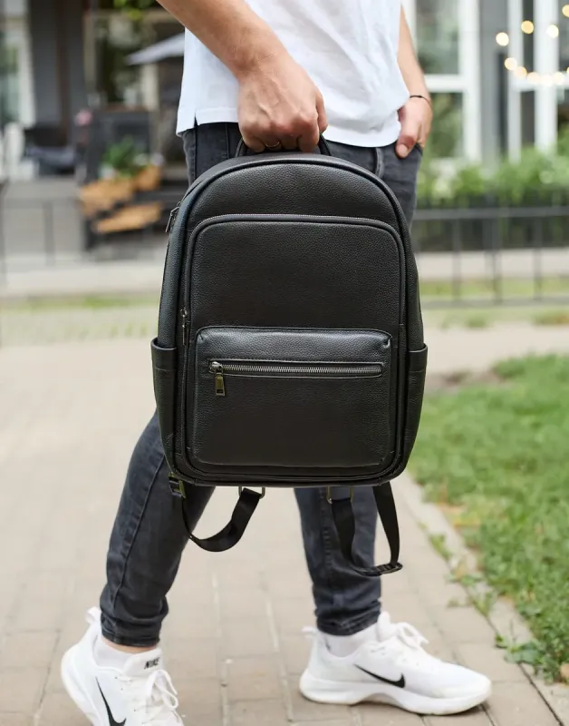 Чоловічий шкіряний рюкзак 41х31х16, універсальний міський наплічник для роботи та поїздок, офісна чоловіча сумка, чорний