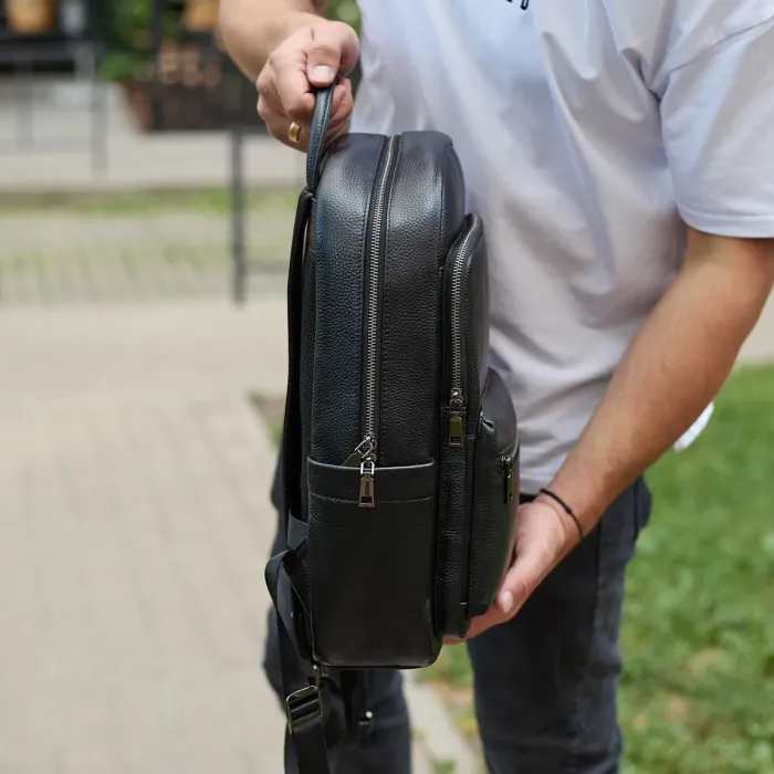 Чоловічий шкіряний рюкзак 41х31х16, універсальний міський наплічник для роботи та поїздок, офісна чоловіча сумка, чорний