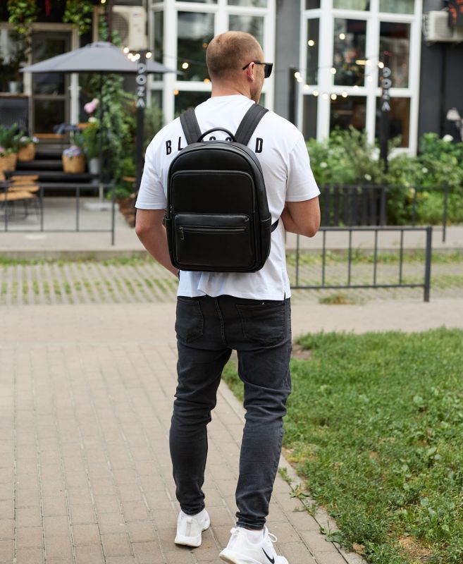 Чоловічий шкіряний рюкзак 41х31х16, універсальний міський наплічник для роботи та поїздок, офісна чоловіча сумка, чорний