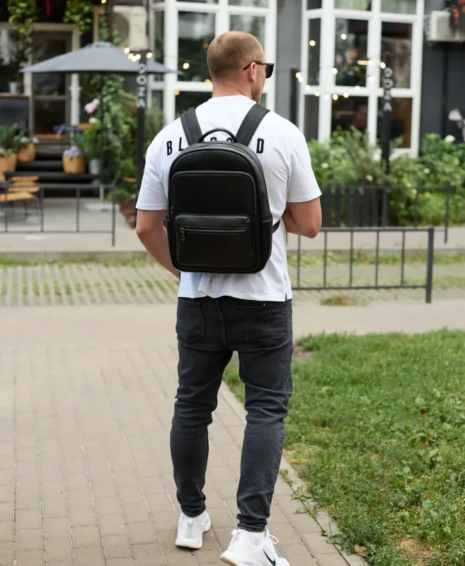 Чоловічий шкіряний рюкзак 41х31х16, універсальний міський наплічник для роботи та поїздок, офісна чоловіча сумка, чорний