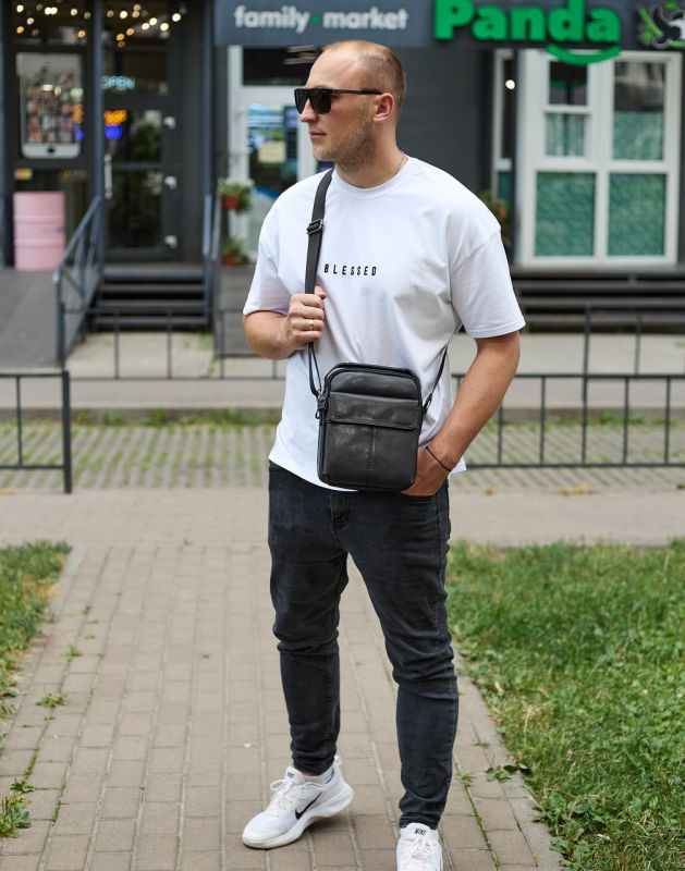 Чоловіча шкіряна сумка, барсетка з натуральної шкіри 24х18х8, сумочка для чоловіків, чорна