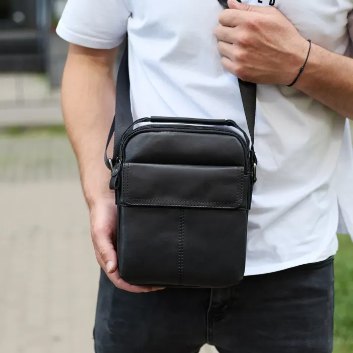 Чоловіча шкіряна сумка, барсетка з натуральної шкіри 24х18х8, сумочка для чоловіків, чорна