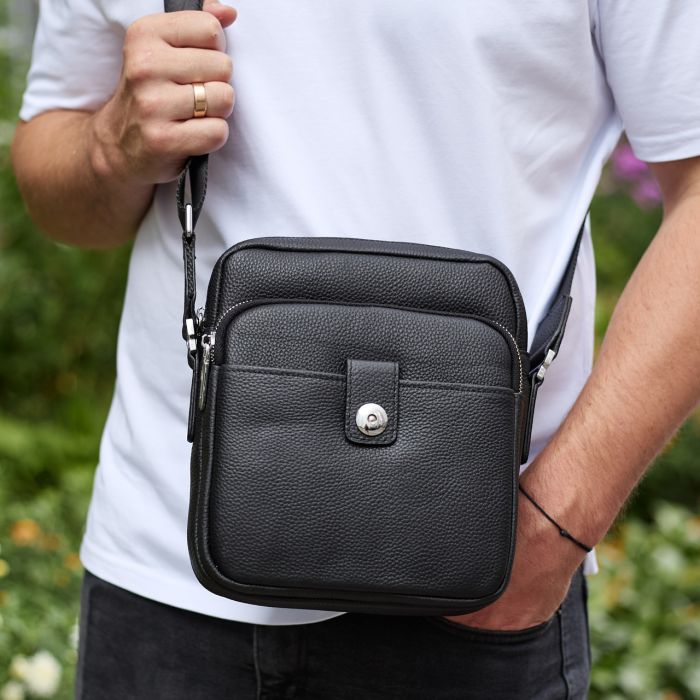 Чоловіча шкіряна універсальна сумка 24х20х8, барсетка зі шкіри, сумочка для чоловіків з регулюванням ручки, чорна