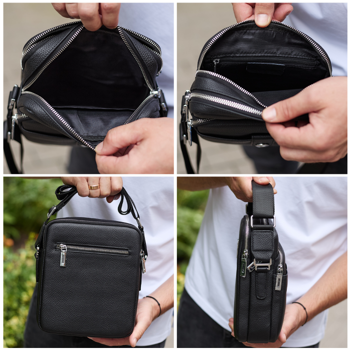 Чоловіча шкіряна універсальна сумка 24х20х8, барсетка зі шкіри, сумочка для чоловіків з регулюванням ручки, чорна