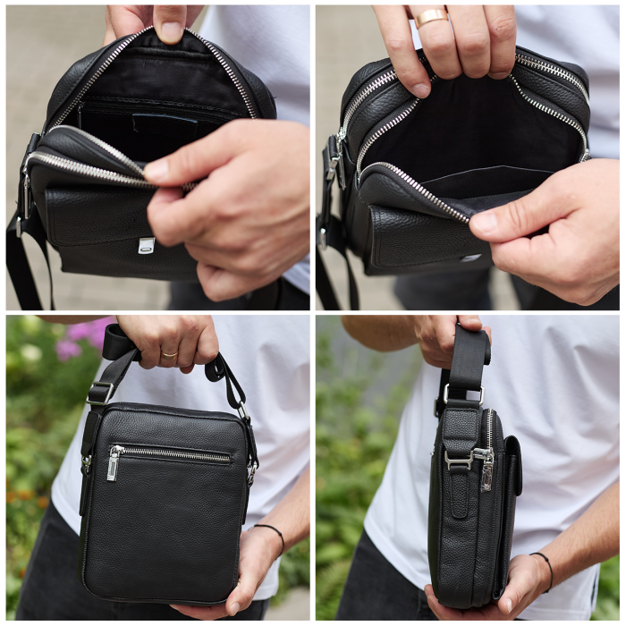 Сумка-барсетка чоловіча шкіряна 24х20х8, компактний месенджер для щоденного використання, чорна