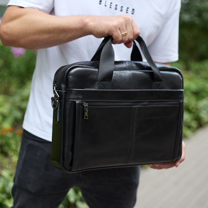 Шкіряна чоловіча сумка-портфель 38х28х8, сумочка для роботи та щоденних справ, чоловічий шопер, чорна