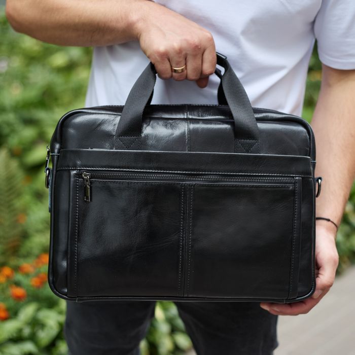 Шкіряна чоловіча сумка-портфель 38х28х8, сумочка для роботи та щоденних справ, чоловічий шопер, чорна