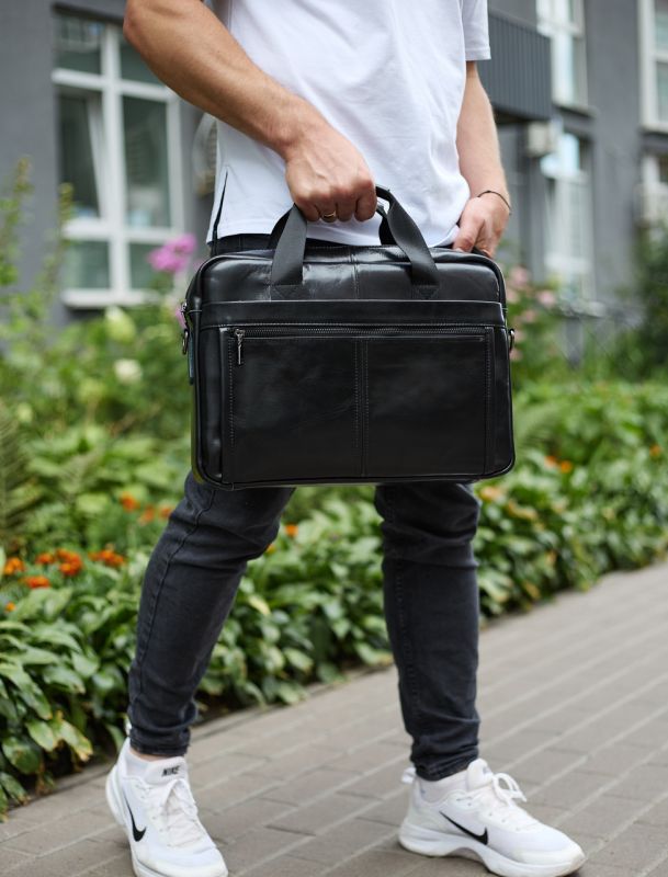 Шкіряна чоловіча сумка-портфель 38х28х8, сумочка для роботи та щоденних справ, чоловічий шопер, чорна