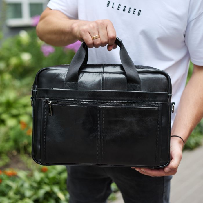 Шкіряна чоловіча сумка-портфель 38х28х8, сумочка для роботи та щоденних справ, чоловічий шопер, чорна