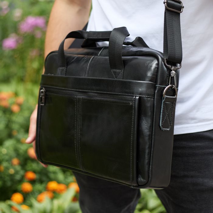 Шкіряна чоловіча сумка-портфель 38х28х8, сумочка для роботи та щоденних справ, чоловічий шопер, чорна