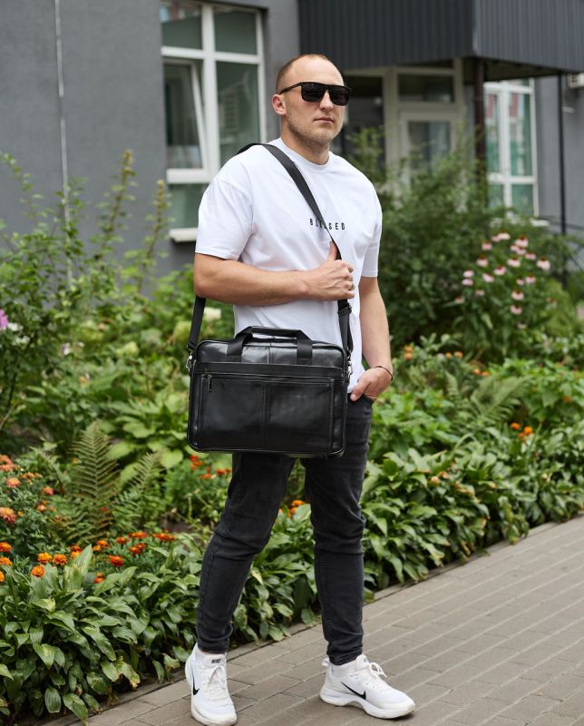 Шкіряна чоловіча сумка-портфель 38х28х8, сумочка для роботи та щоденних справ, чоловічий шопер, чорна