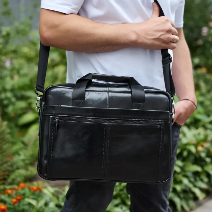 Шкіряна чоловіча сумка-портфель 38х28х8, сумочка для роботи та щоденних справ, чоловічий шопер, чорна