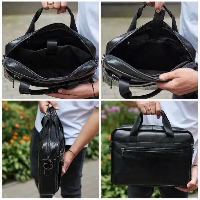 Шкіряна чоловіча сумка-портфель 38х28х8, сумочка для роботи та щоденних справ, чоловічий шопер, чорна