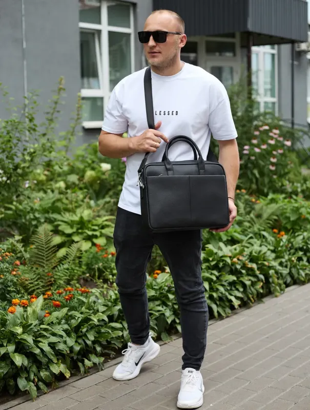 Чоловічий портфель на плече 38х28х8.5, офісний шкіряний месенджер, чоловіча ділова сумка для міста, чорна