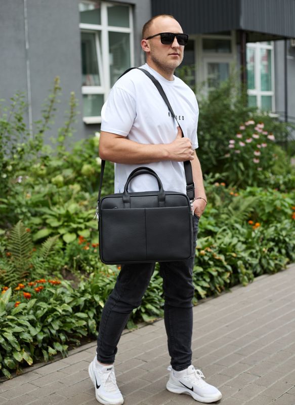 Чоловічий портфель на плече 38х28х8.5, офісний шкіряний месенджер, чоловіча ділова сумка для міста, чорна