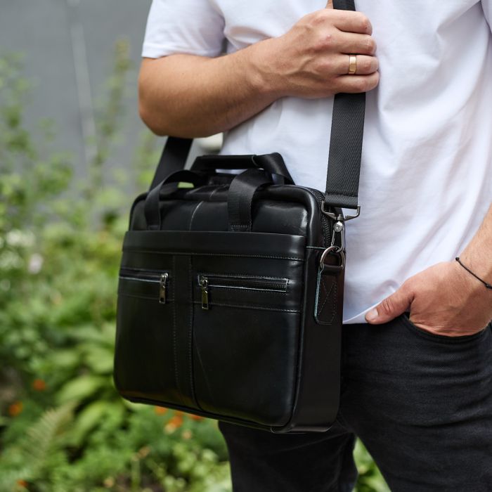 Чоловічий портфель для ноутбука 38х28х8, офісна шкіряна сумочка, міська чоловіча ділова сумка, чорна