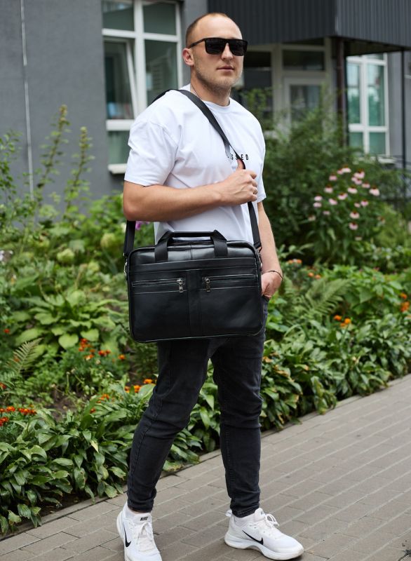 Чоловічий портфель для ноутбука 38х28х8, офісна шкіряна сумочка, міська чоловіча ділова сумка, чорна