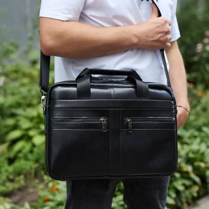 Чоловічий портфель для ноутбука 38х28х8, офісна шкіряна сумочка, міська чоловіча ділова сумка, чорна