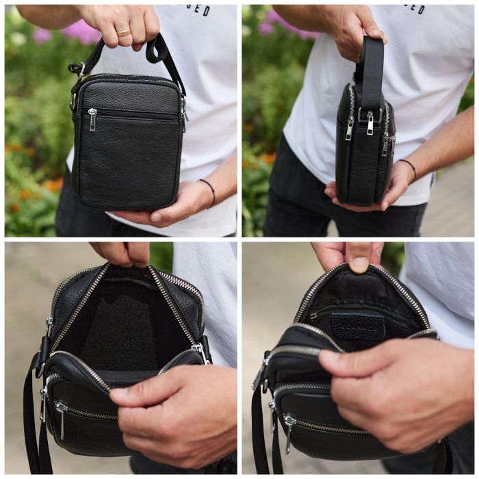 Чоловіча шкіряна барсетка 21х17х7, сумка для міста, компактний месенджер для щоденного використання, чорна