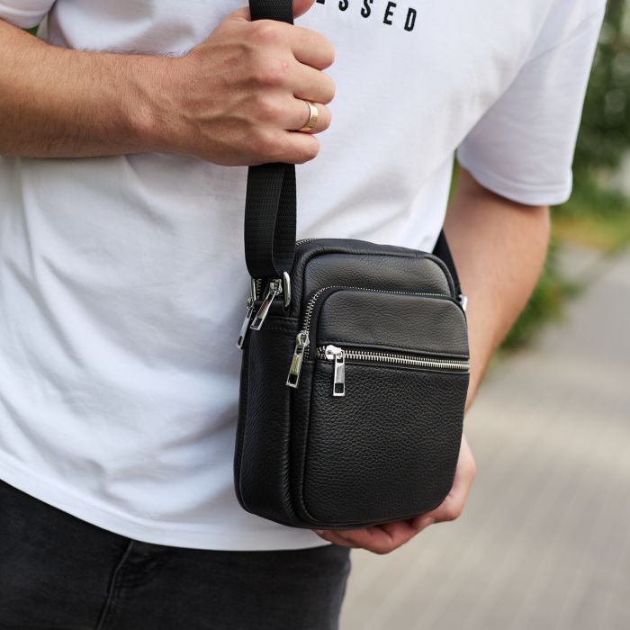 Чоловіча шкіряна барсетка 21х17х7, сумка для міста, компактний месенджер для щоденного використання, чорна