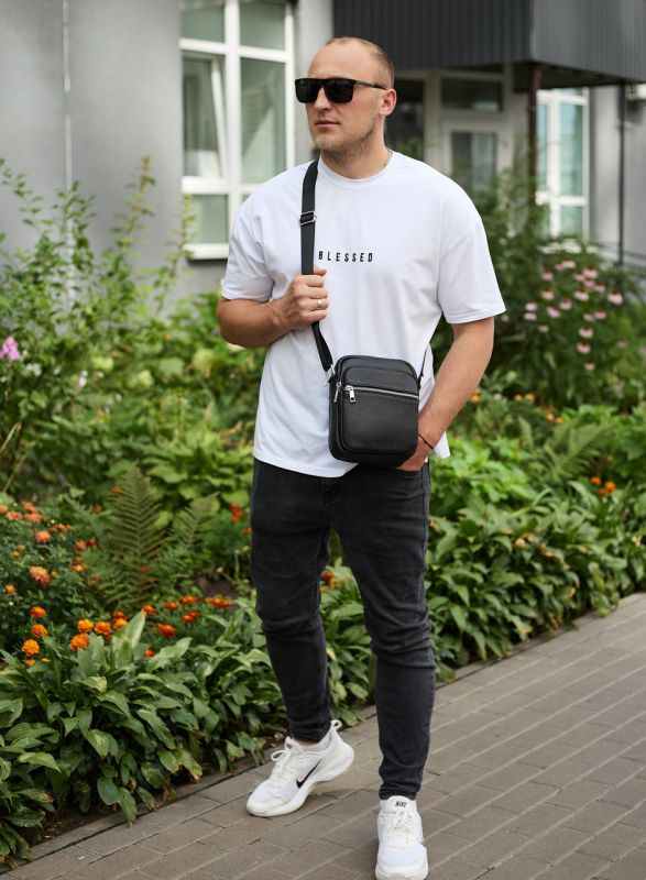 Чоловіча шкіряна барсетка 21х17х7, сумка для міста, компактний месенджер для щоденного використання, чорна