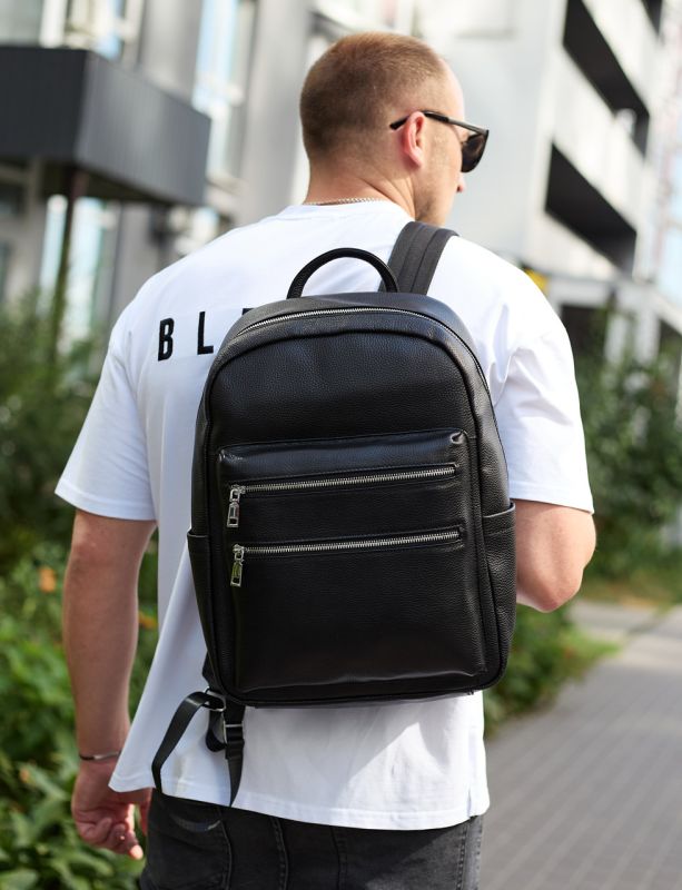 Міський чоловічий рюкзак із натуральної шкіри 41х30х17, наплічна сумка для ноутбука та документів, чорний