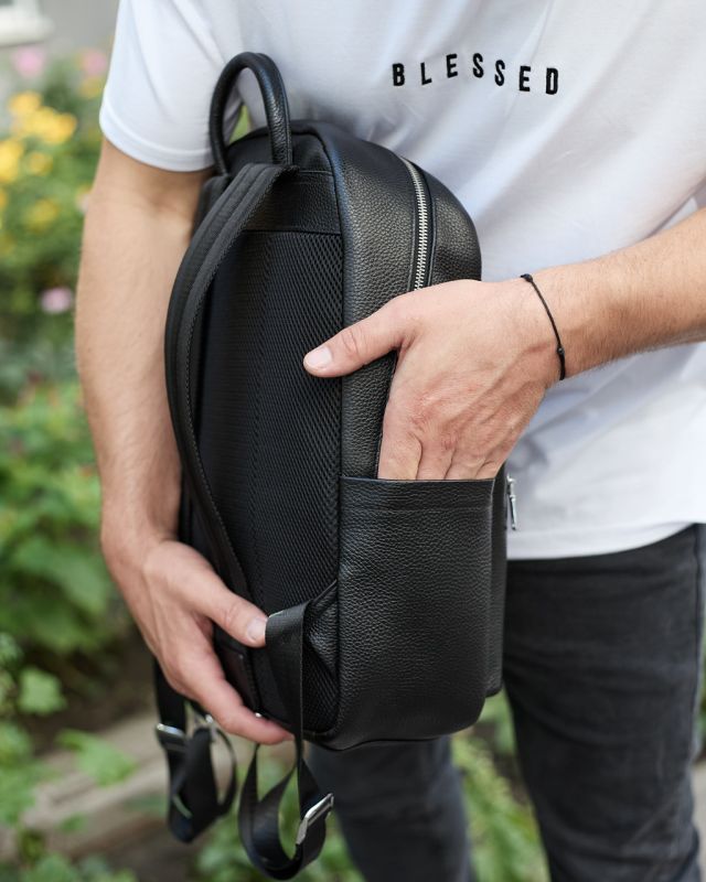 Міський чоловічий рюкзак із натуральної шкіри 41х30х17, наплічна сумка для ноутбука та документів, чорний