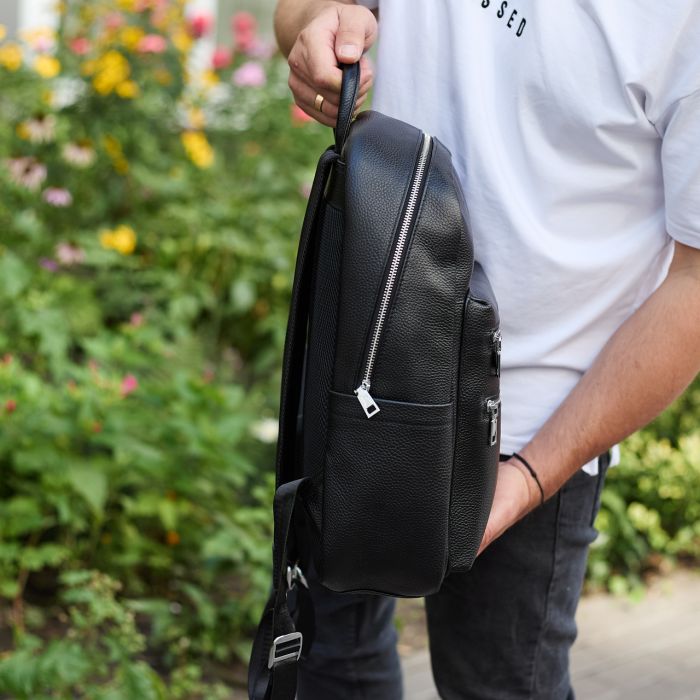 Міський чоловічий рюкзак із натуральної шкіри 41х30х17, наплічна сумка для ноутбука та документів, чорний