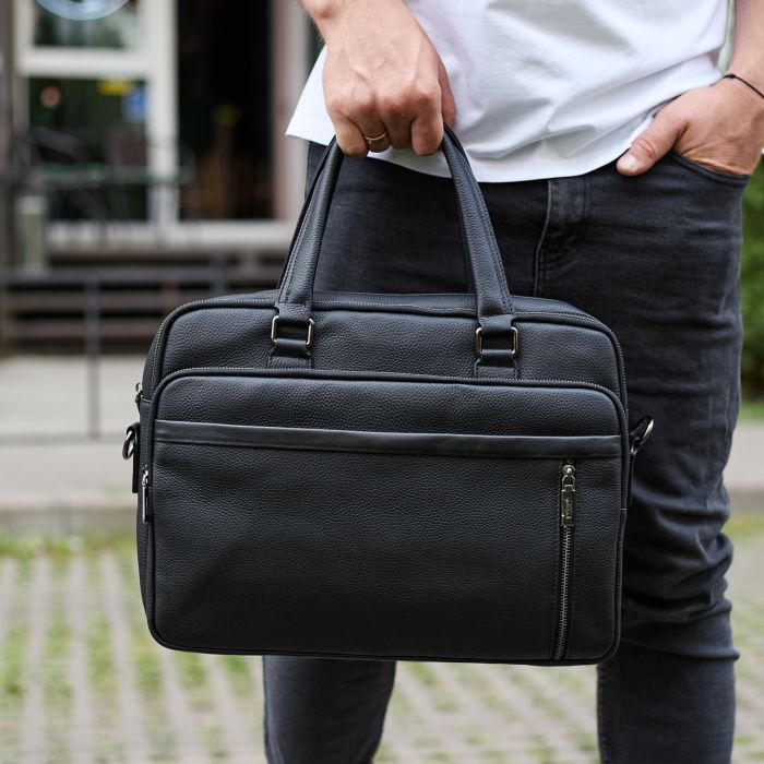 Офісна чоловіча сумка через плече 39х29х10, шкіряний портфель-месенджер для бізнесу, чорний