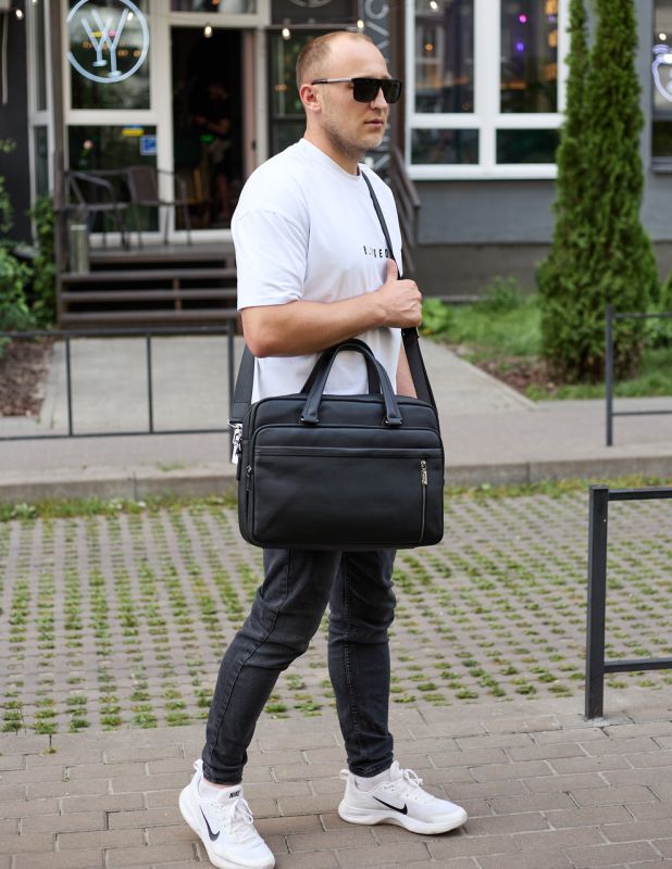 Офісна чоловіча сумка через плече 39х29х10, шкіряний портфель-месенджер для бізнесу, чорний