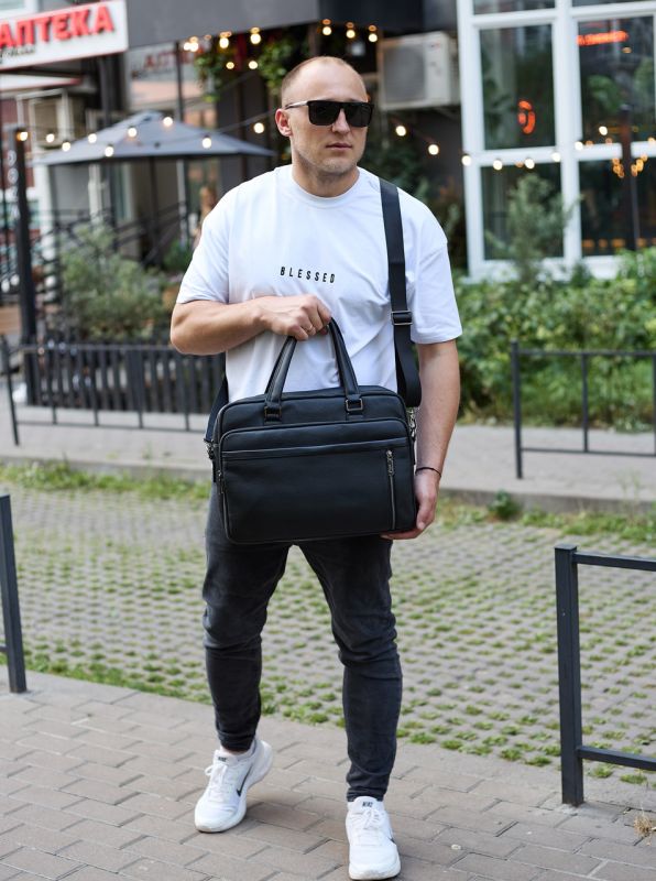 Офісна чоловіча сумка через плече 39х29х10, шкіряний портфель-месенджер для бізнесу, чорний