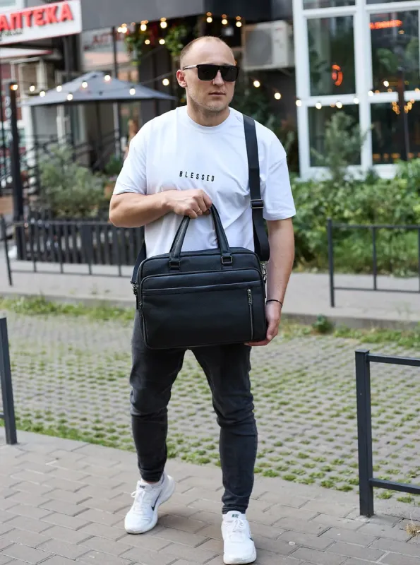 Офісна чоловіча сумка через плече 39х29х10, шкіряний портфель-месенджер для бізнесу, чорний