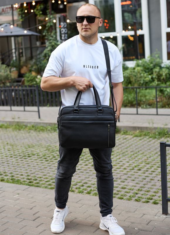 Офісна чоловіча сумка через плече 39х29х10, шкіряний портфель-месенджер для бізнесу, чорний