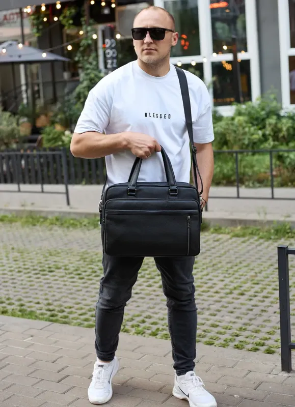 Офісна чоловіча сумка через плече 39х29х10, шкіряний портфель-месенджер для бізнесу, чорний