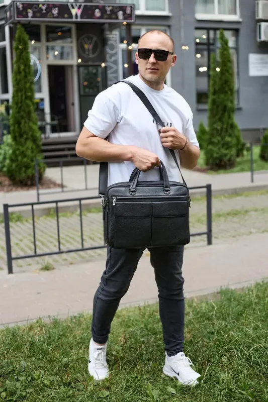 Сумка чоловіча офісна через плече 39х29х10, практичний шкіряний портфель для бізнесу, сумочка для навання, чорний