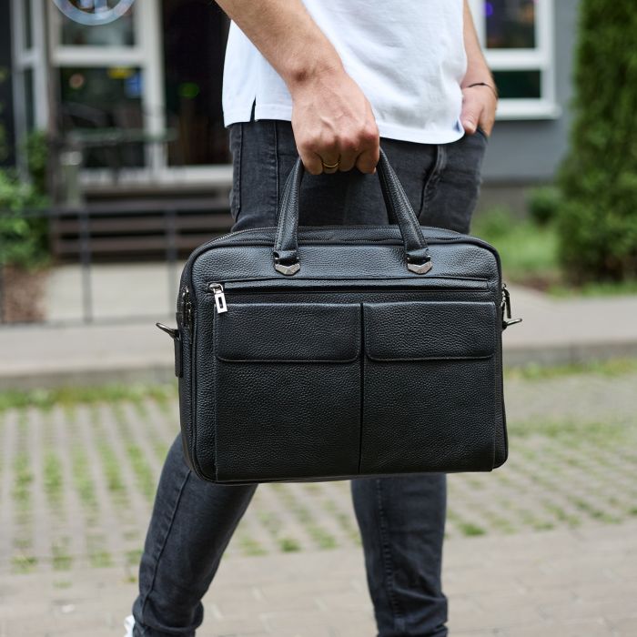 Сумка чоловіча офісна через плече 39х29х10, практичний шкіряний портфель для бізнесу, сумочка для навання, чорний