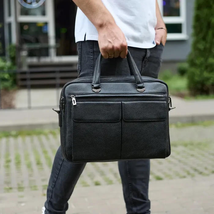 Сумка чоловіча офісна через плече 39х29х10, практичний шкіряний портфель для бізнесу, сумочка для навання, чорний