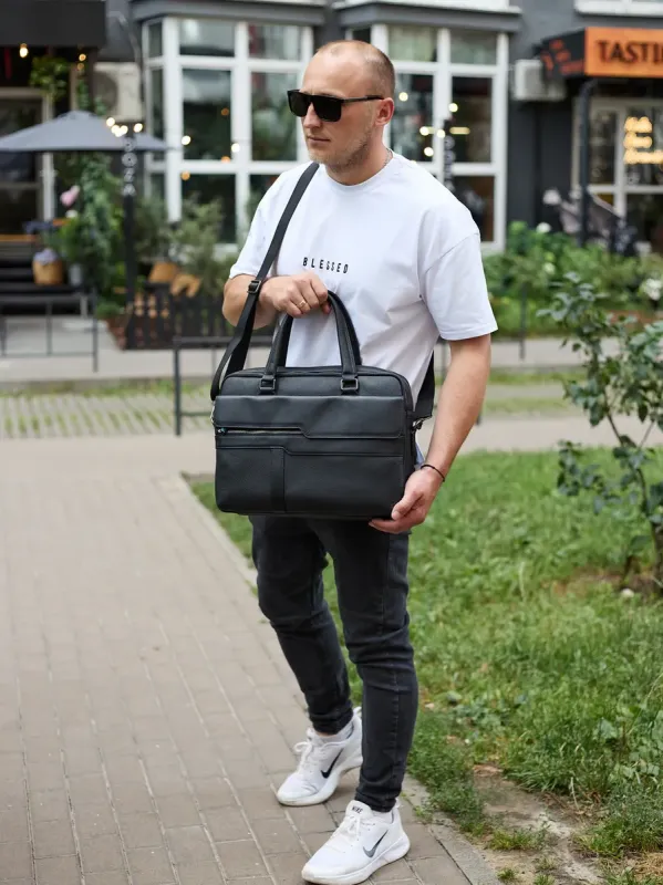 Чоловіча ділова сумка зі шкіри 39х29х10, класичний портфель для ноутбука та офісу, сумочка для студента, чорний