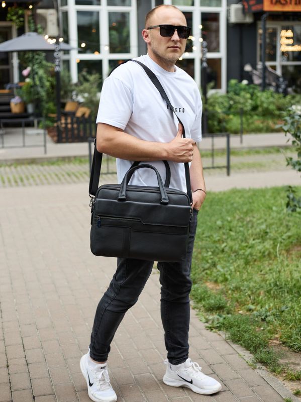 Чоловіча ділова сумка зі шкіри 39х29х10, класичний портфель для ноутбука та офісу, сумочка для студента, чорний