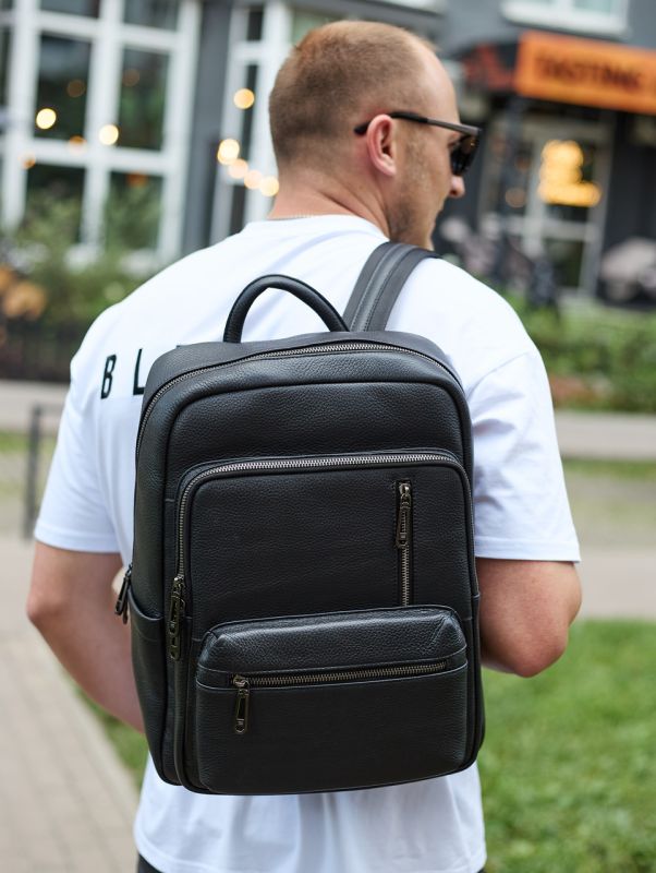Міський чоловічий рюкзак із натуральної шкіри 40х30х18, наплічник для роботи та подорожей, чорний