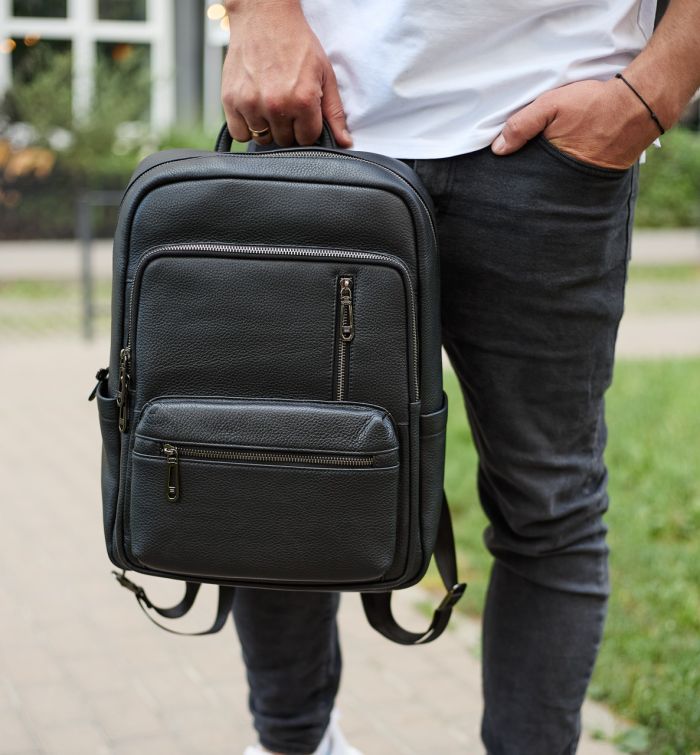 Міський чоловічий рюкзак із натуральної шкіри 40х30х18, наплічник для роботи та подорожей, чорний