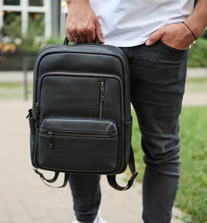 Міський чоловічий рюкзак із натуральної шкіри 40х30х18, наплічник для роботи та подорожей, чорний