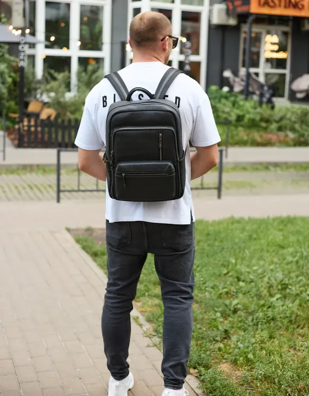 Міський чоловічий рюкзак із натуральної шкіри 40х30х18, наплічник для роботи та подорожей, чорний