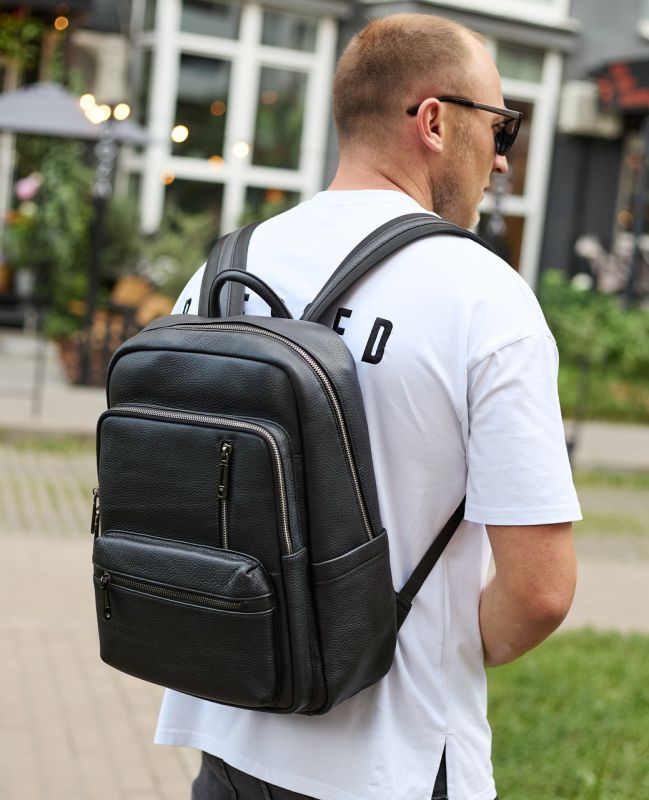 Міський чоловічий рюкзак із натуральної шкіри 40х30х18, наплічник для роботи та подорожей, чорний